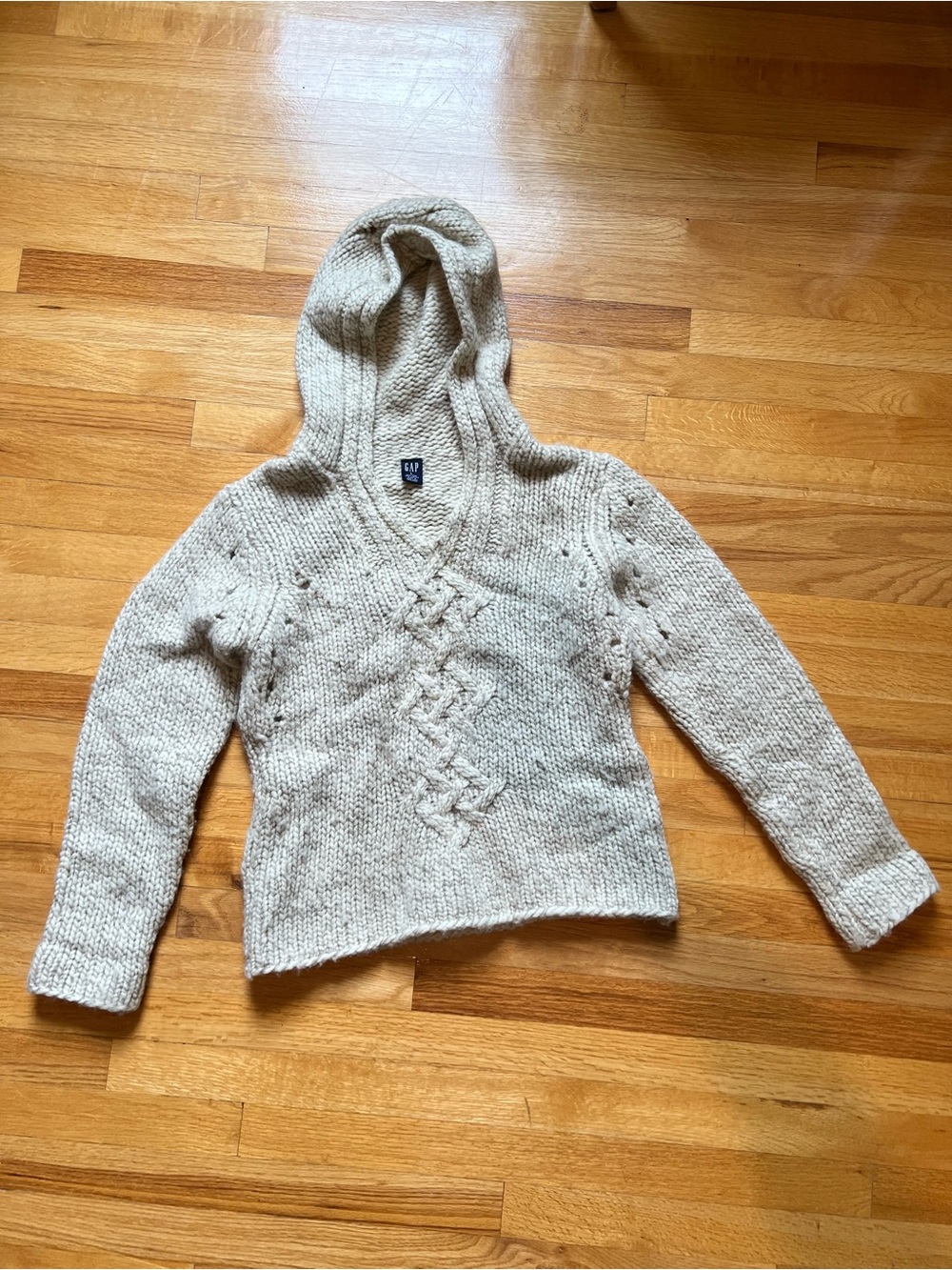 GAP Women's Hooded Wool Blend Cable Knit Sweater in Oatmeal size M